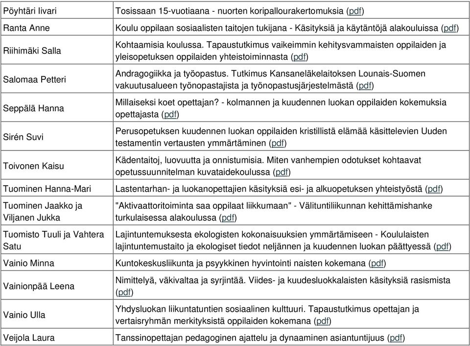 Kohtaamisia koulussa. Tapaustutkimus vaikeimmin kehitysvammaisten oppilaiden ja yleisopetuksen oppilaiden yhteistoiminnasta (pdf) Andragogiikka ja työopastus.