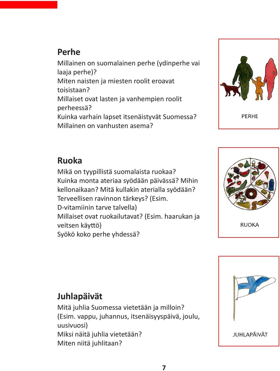 Mihin kellonaikaan? Mitä kullakin aterialla syödään? Terveellisen ravinnon tärkeys? (Esim. D-vitamiinin tarve talvella) Millaiset ovat ruokailutavat? (Esim. haarukan ja veitsen käyttö) Syökö koko perhe yhdessä?