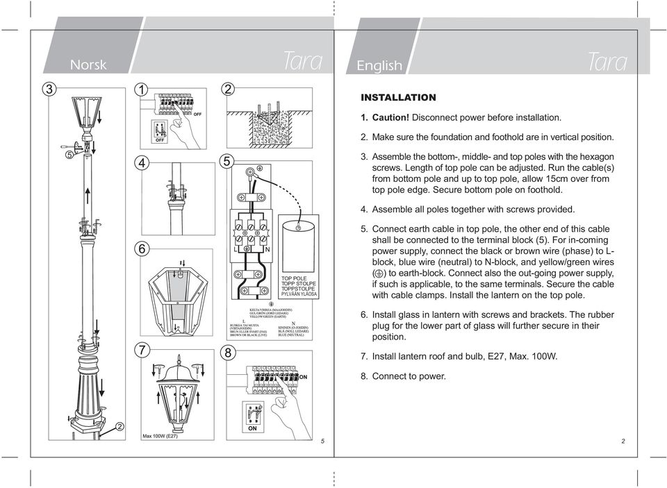 Secure bottom pole on foothold. 4. Assemble all poles together with screws provided.. Connect earth cable in top pole, the other end of this cable shall be connected to the terminal block ().