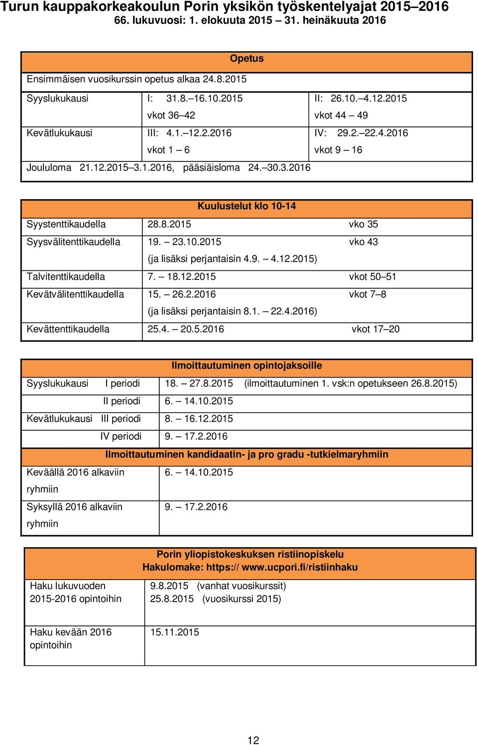 8.2015 vko 35 Syysvälitenttikaudella 19. 23.10.2015 vko 43 (ja lisäksi perjantaisin 4.9. 4.12.2015) Talvitenttikaudella 7. 18.12.2015 vkot 50 51 Kevätvälitenttikaudella 15. 26.2.2016 vkot 7 8 (ja lisäksi perjantaisin 8.