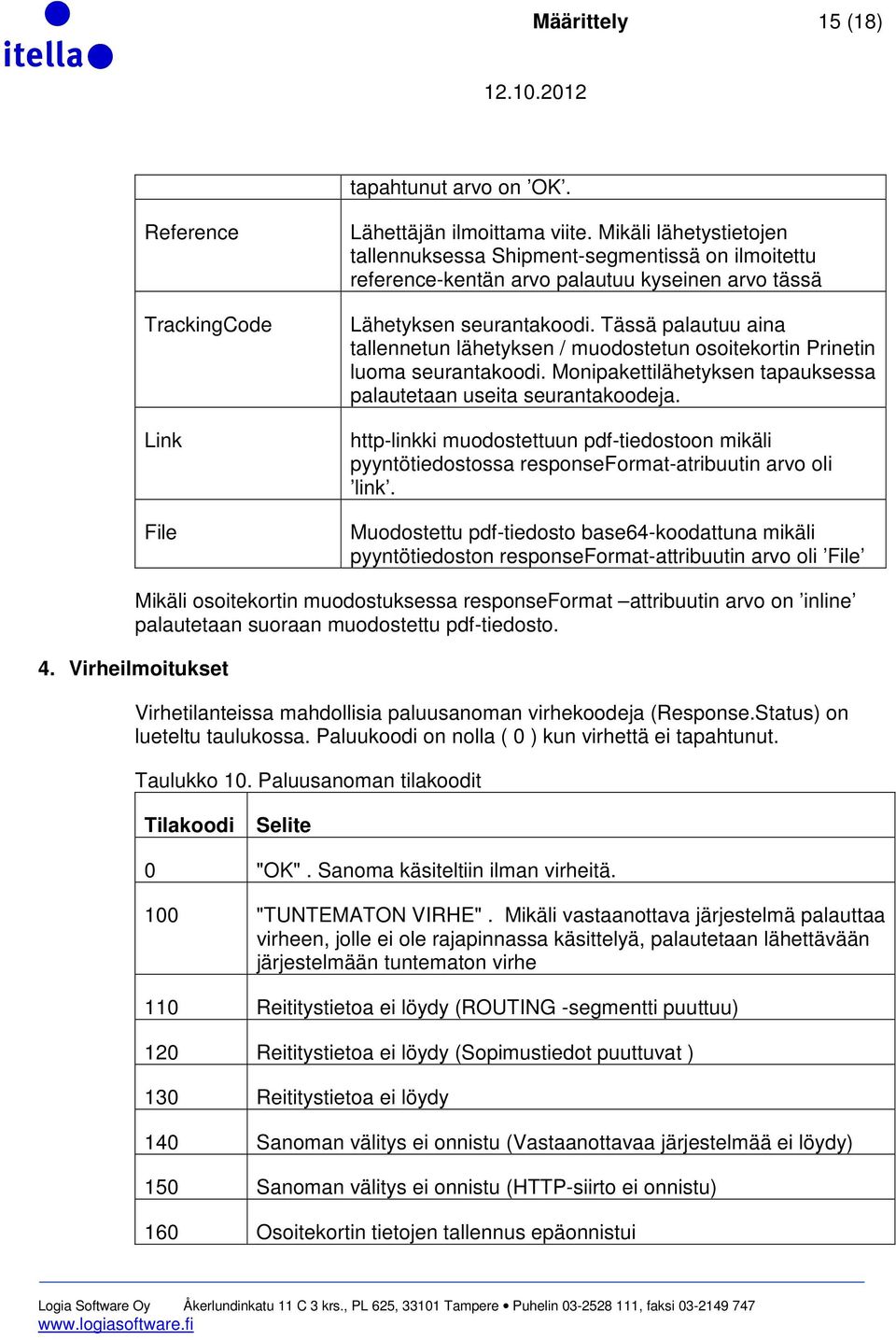 Tässä palautuu aina tallennetun lähetyksen / muodostetun osoitekortin Prinetin luoma seurantakoodi. Monipakettilähetyksen tapauksessa palautetaan useita seurantakoodeja.
