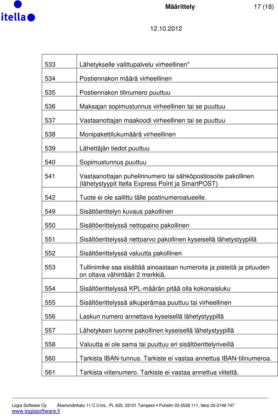 pakollinen (lähetystyypit Itella Express Point ja SmartPOST) 542 Tuote ei ole sallittu tälle postinumeroalueelle.
