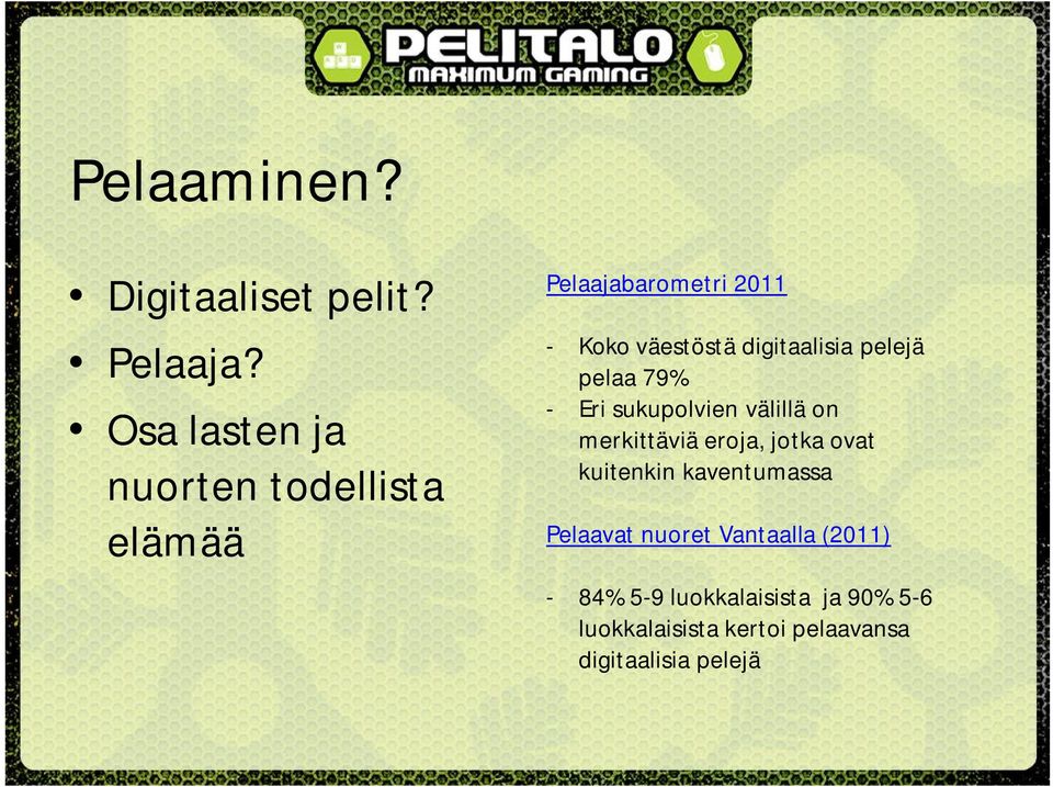 digitaalisia pelejä pelaa 79% - Eri sukupolvien välillä on merkittäviä eroja, jotka ovat