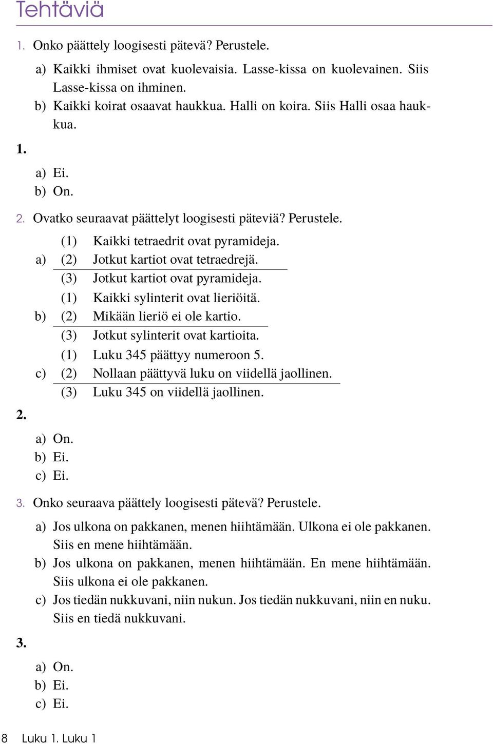 (3) Jotkut kartiot ovat pyramideja. (1) Kaikki sylinterit ovat lieriöitä. (2) Mikään lieriö ei ole kartio. (3) Jotkut sylinterit ovat kartioita. (1) Luku 345 päättyy numeroon 5.