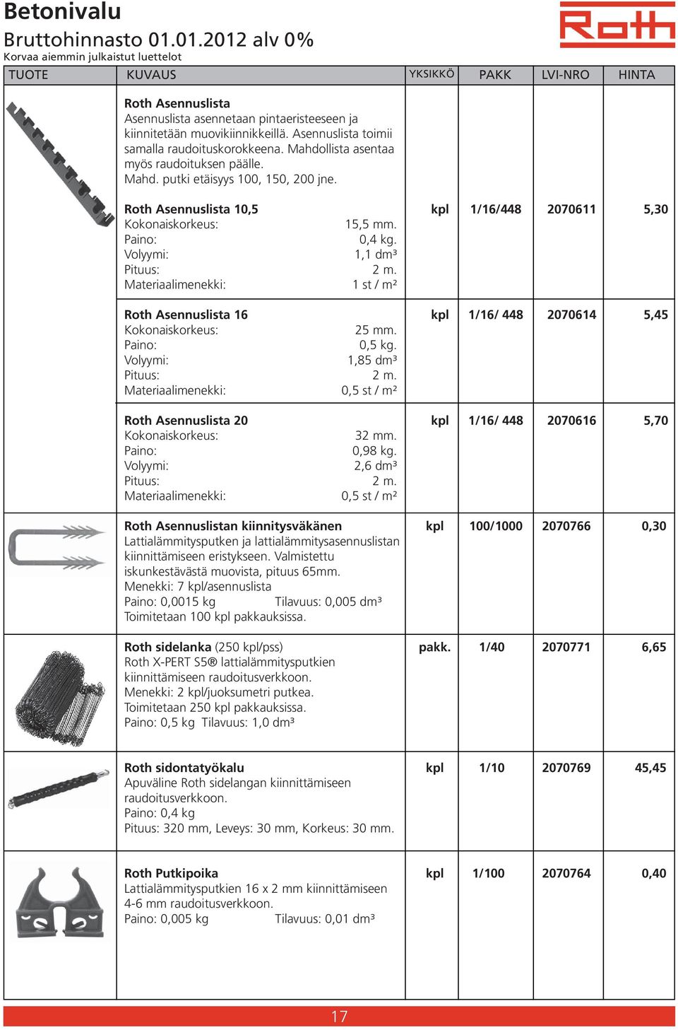 Materiaalimenekki: 1 st / m² Roth Asennuslista 16 kpl 1/16/ 448 2070614 5,45 Kokonaiskorkeus: 25 mm. Paino: 0,5 kg. Volyymi: 1,85 dm³ Pituus: 2 m.