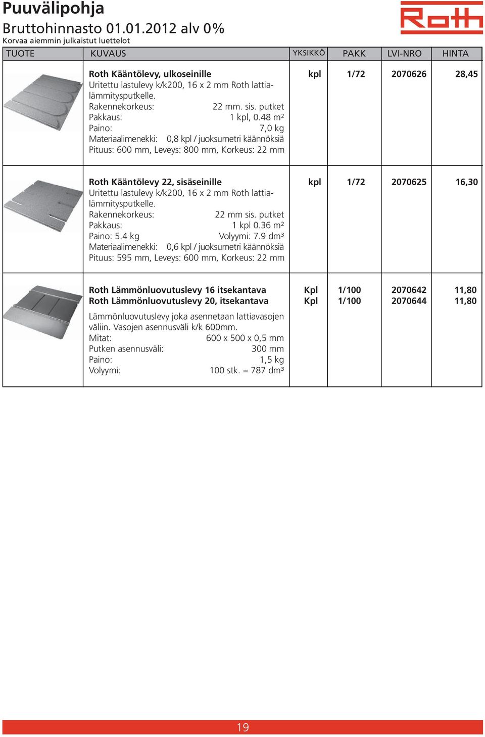 k/k200, 16 x 2 mm Roth lattialämmitysputkelle. Rakennekorkeus: 22 mm sis. putket Pakkaus: 1 kpl 0.36 m² Paino: 5.4 kg Volyymi: 7.