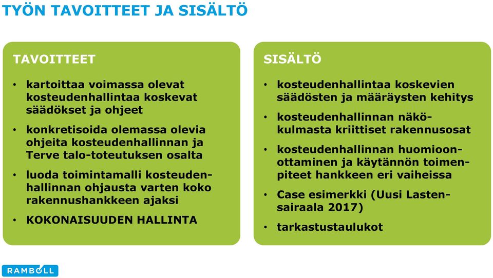 KOKONAISUUDEN HALLINTA SISÄLTÖ kosteudenhallintaa koskevien säädösten ja määräysten kehitys kosteudenhallinnan näkökulmasta kriittiset