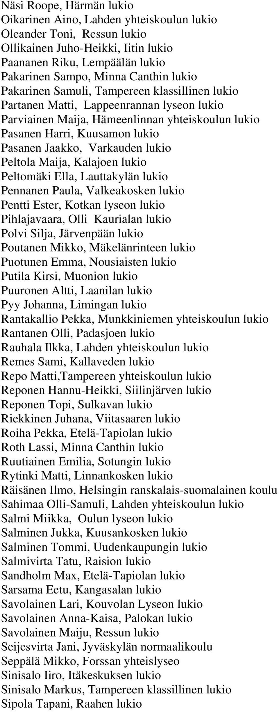 lukio Peltola Maija, Kalajoen lukio Peltomäki Ella, Lauttakylän lukio Pennanen Paula, Valkeakosken lukio Pentti Ester, Kotkan lyseon lukio Pihlajavaara, Olli Kaurialan lukio Polvi Silja, Järvenpään