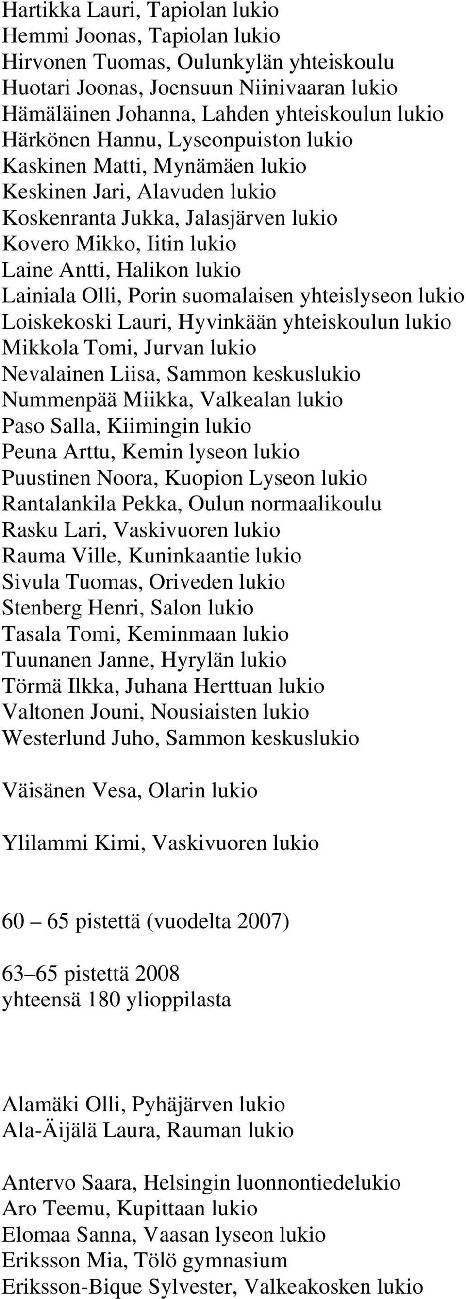 suomalaisen yhteislyseon lukio Loiskekoski Lauri, Hyvinkään yhteiskoulun lukio Mikkola Tomi, Jurvan lukio Nevalainen Liisa, Sammon keskuslukio Nummenpää Miikka, Valkealan lukio Paso Salla, Kiimingin