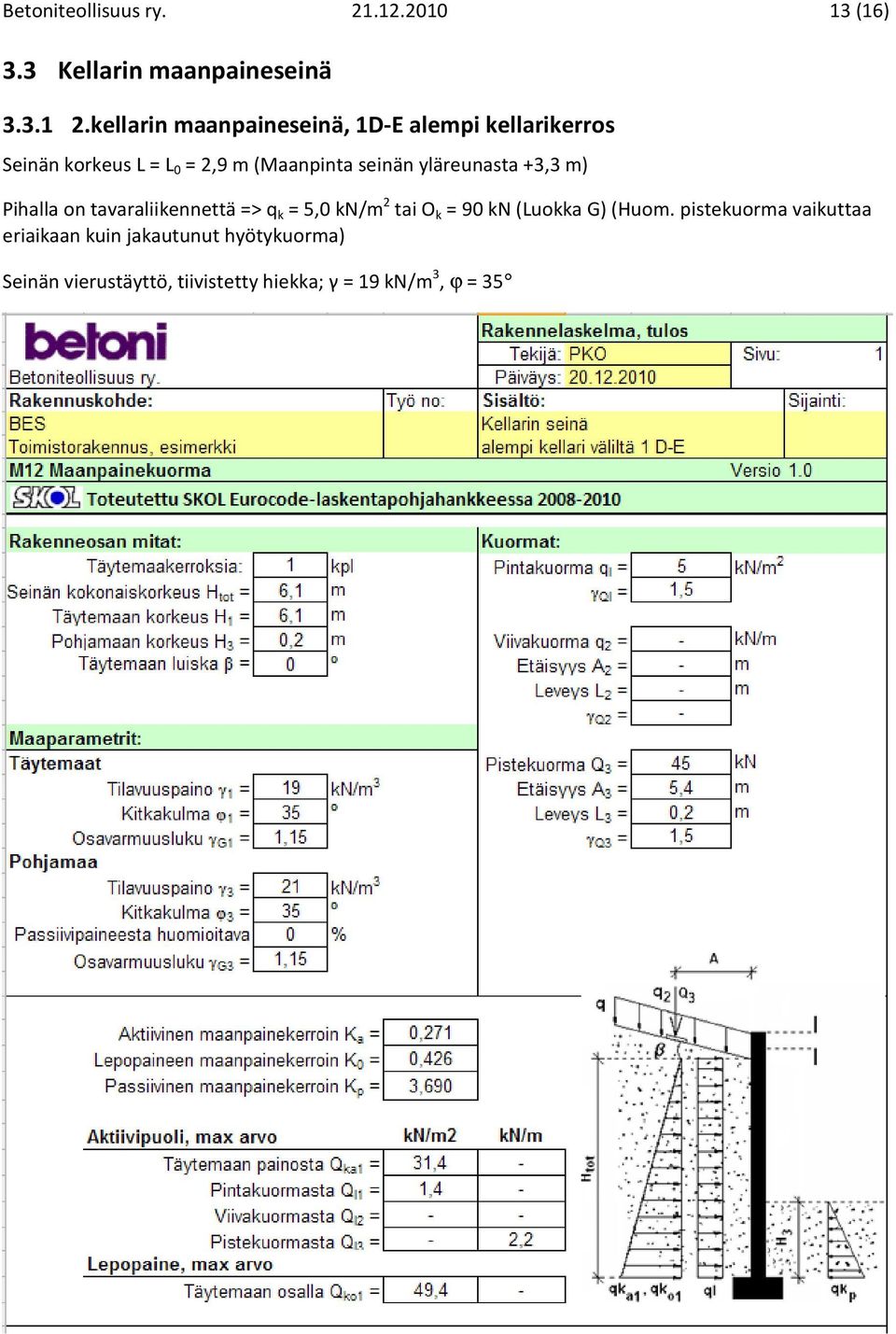 yläreunasta +3,3 m) Pihalla on tavaraliikennettä => q k = 5,0 kn/m 2 tai O k = 90 kn (Luokka G)