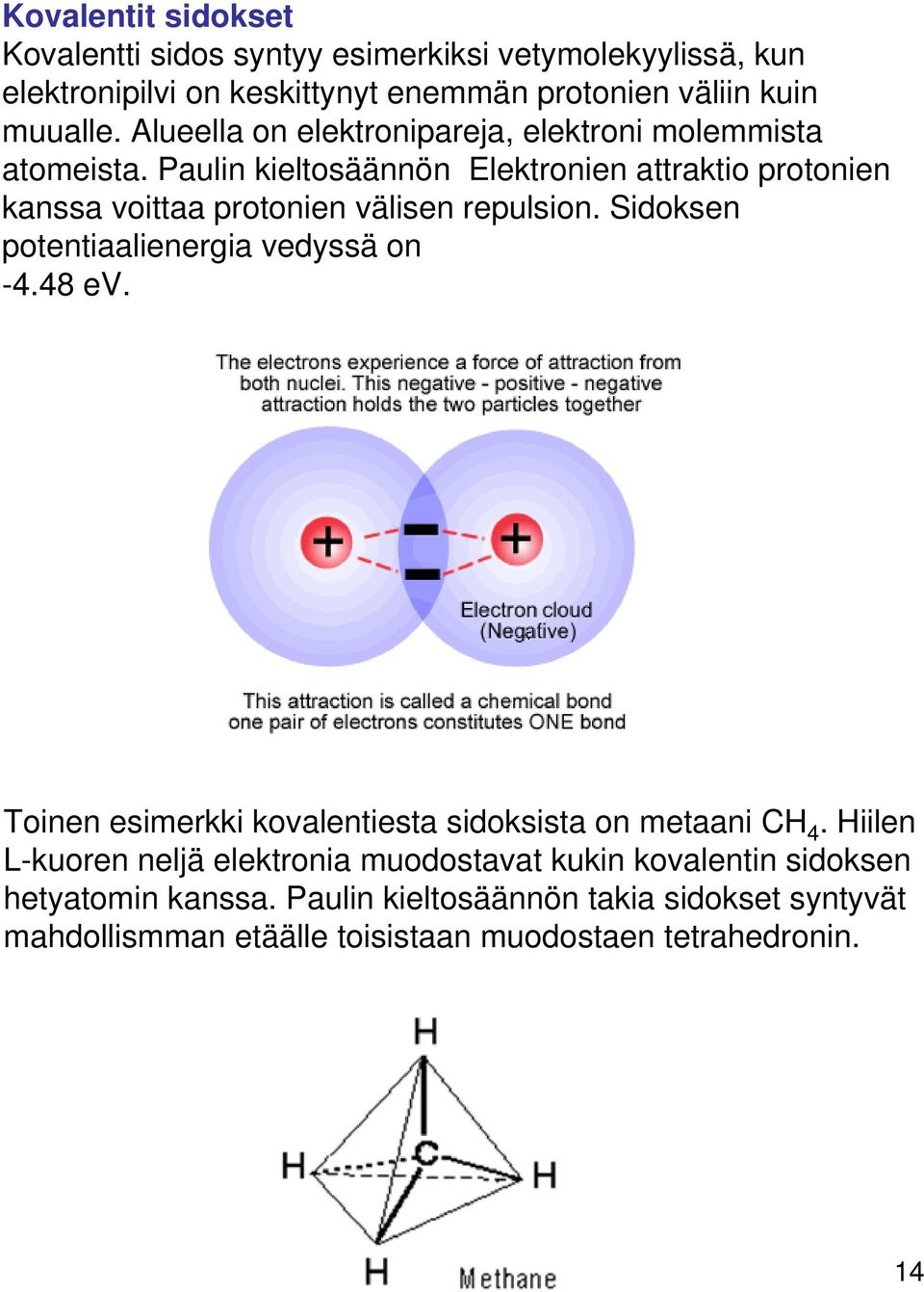 Paulin kieltosäännön Elektronien attraktio protonien kanssa voittaa protonien välisen repulsion. Sidoksen potentiaalienergia vedyssä on -4.48 ev.