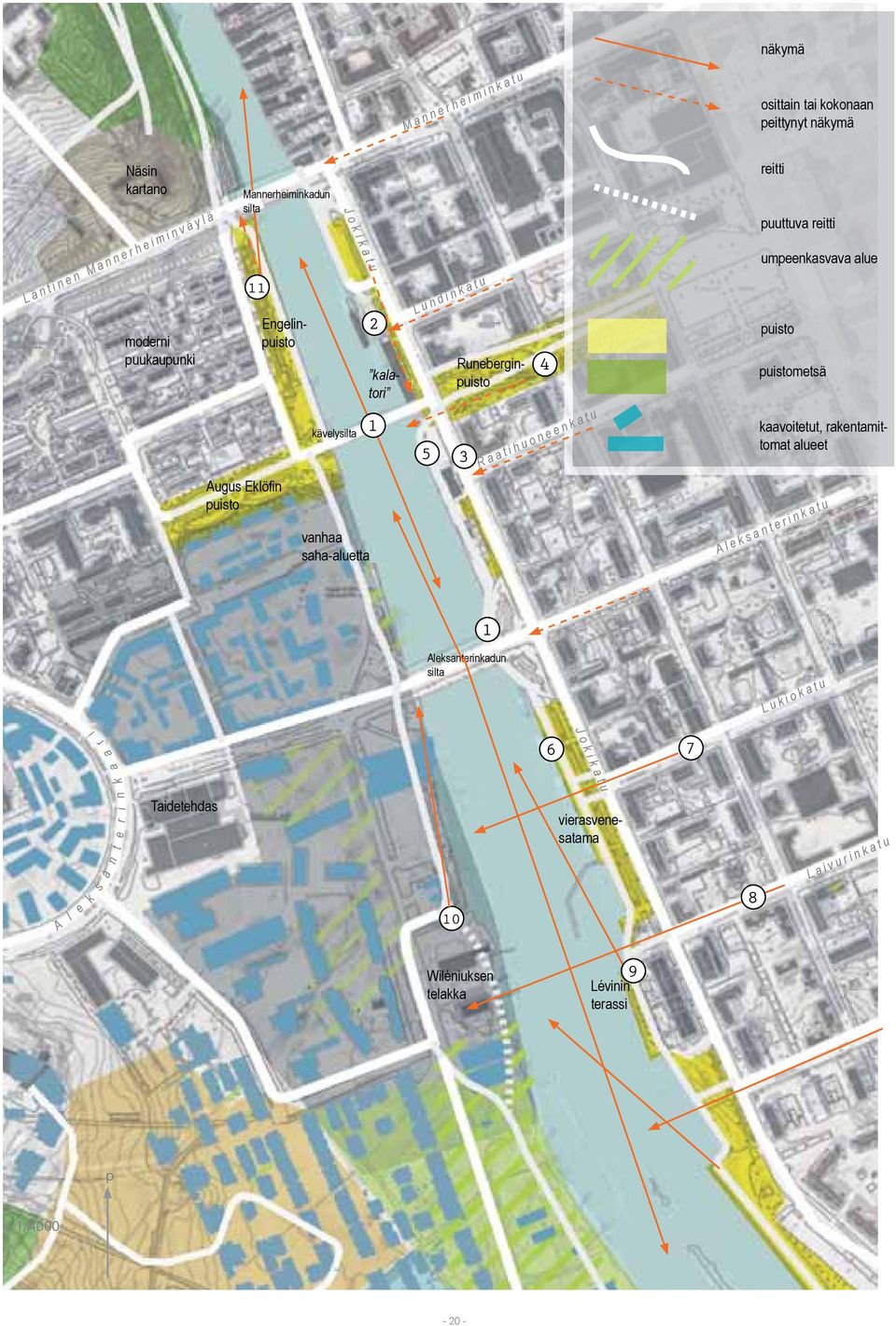 näkymä reitti puuttuva reitti umpeenkasvava alue puisto puistometsä kaavoitetut, rakentamittomat alueet Aleksanterinkatu 1 Aleksanterinkadun silta