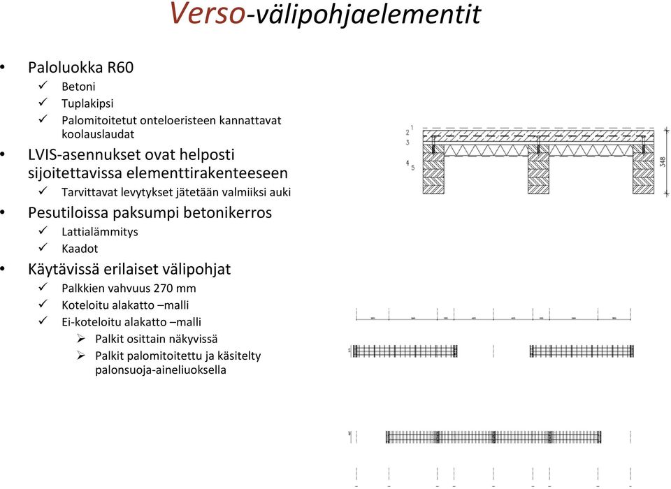 Lattialämmitys Kaadot Käytävissä erilaiset välipohjat Palkkien vahvuus 270 mm Koteloitu alakatto malli Ei koteloitu