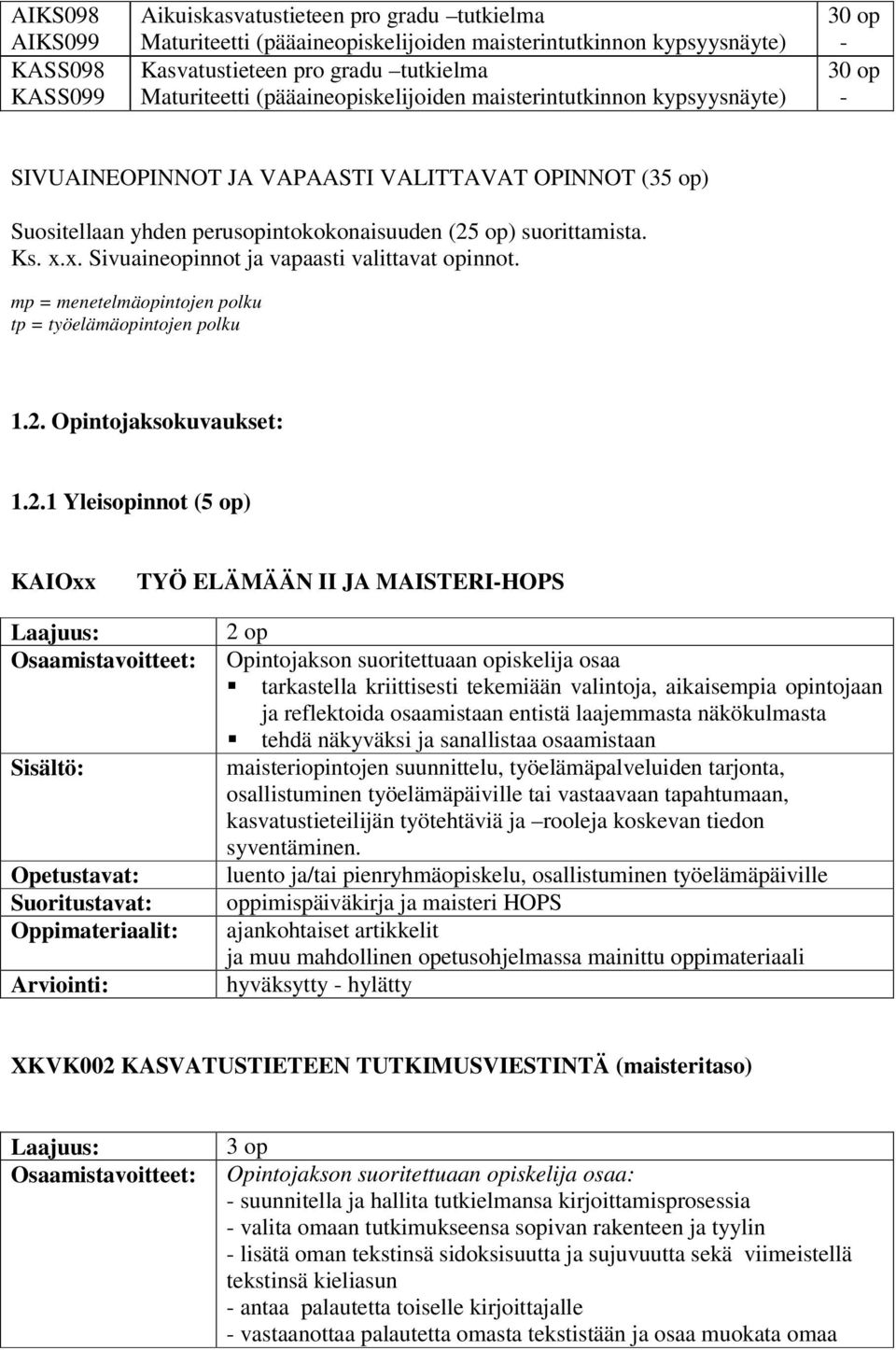 x. Sivuaineopinnot ja vapaasti valittavat opinnot. mp = menetelmäopintojen polku tp = työelämäopintojen polku 1.2.