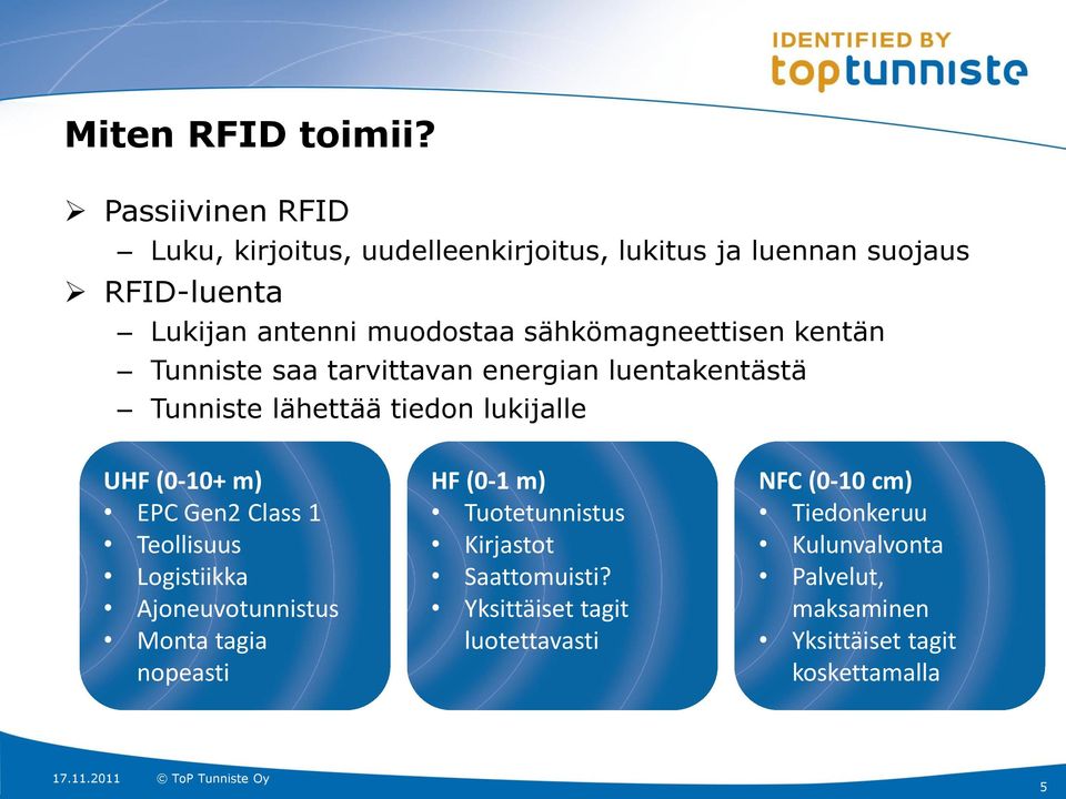 sähkömagneettisen kentän Tunniste saa tarvittavan energian luentakentästä Tunniste lähettää tiedon lukijalle UHF (0-10+ m) EPC Gen2