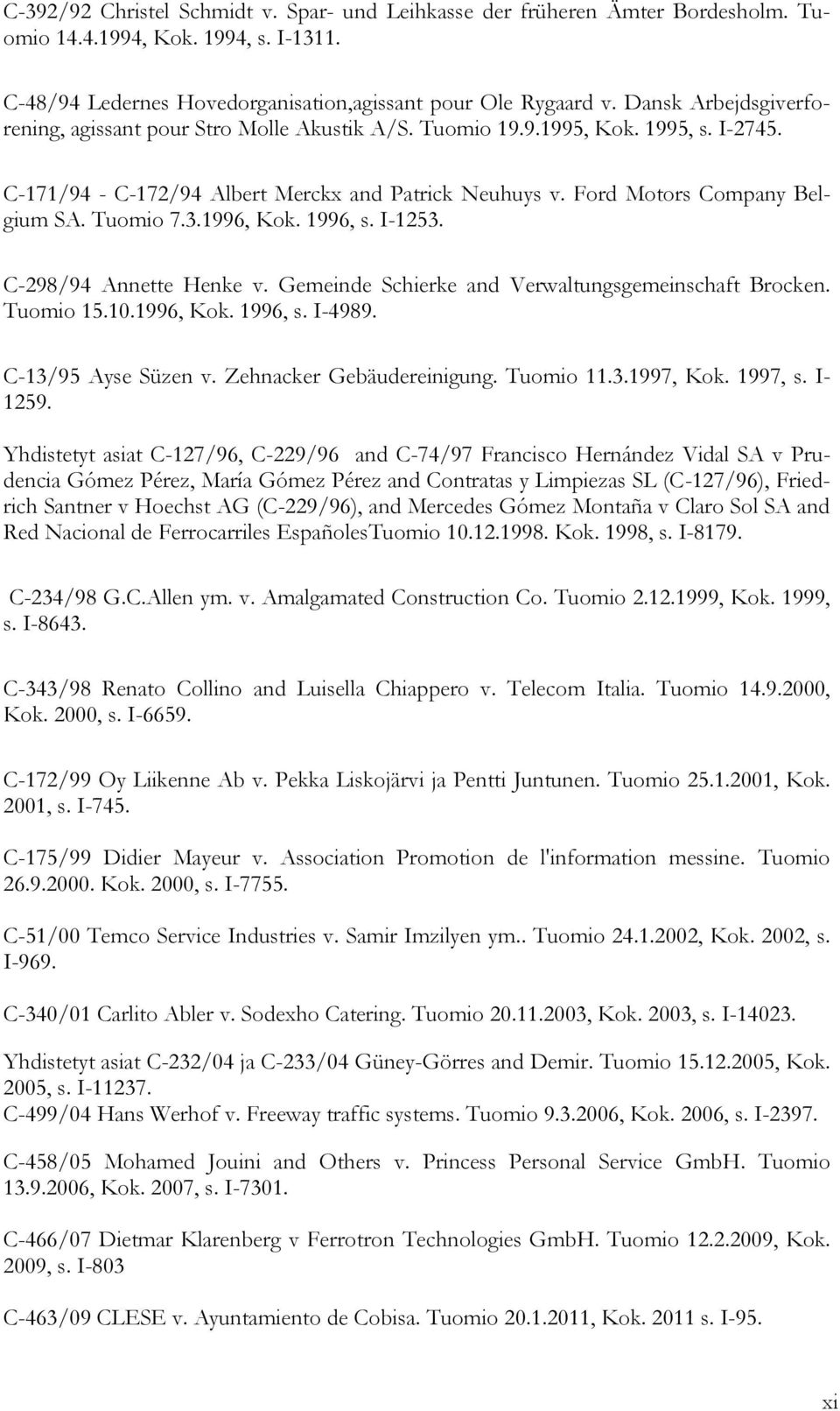 Tuomio 7.3.1996, Kok. 1996, s. I-1253. C-298/94 Annette Henke v. Gemeinde Schierke and Verwaltungsgemeinschaft Brocken. Tuomio 15.10.1996, Kok. 1996, s. I-4989. C-13/95 Ayse Süzen v.