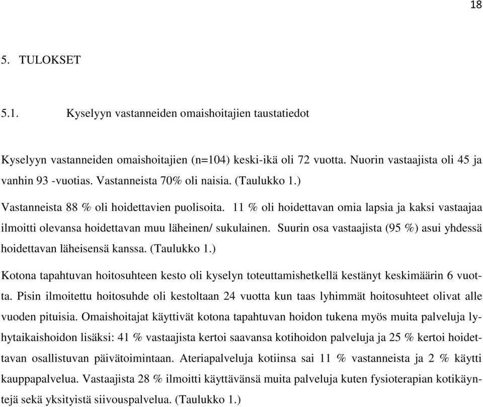 Suurin osa vastaajista (95 %) asui yhdessä hoidettavan läheisensä kanssa. (Taulukko 1.) Kotona tapahtuvan hoitosuhteen kesto oli kyselyn toteuttamishetkellä kestänyt keskimäärin 6 vuotta.