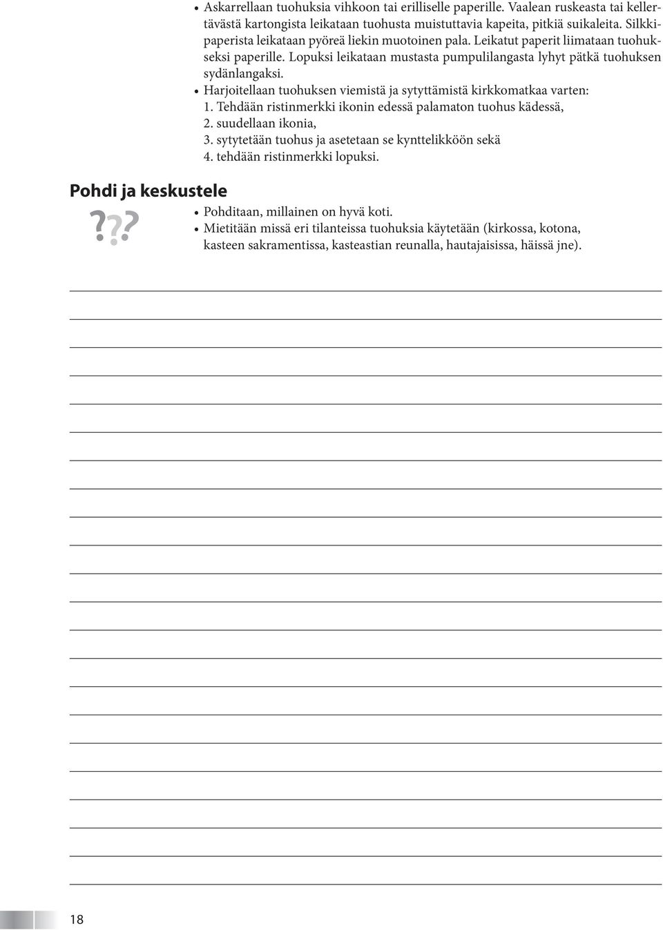 Harjoitellaan tuohuksen viemistä ja sytyttämistä kirkkomatkaa varten: 1. Tehdään ristinmerkki ikonin edessä palamaton tuohus kädessä, 2. suudellaan ikonia, 3.