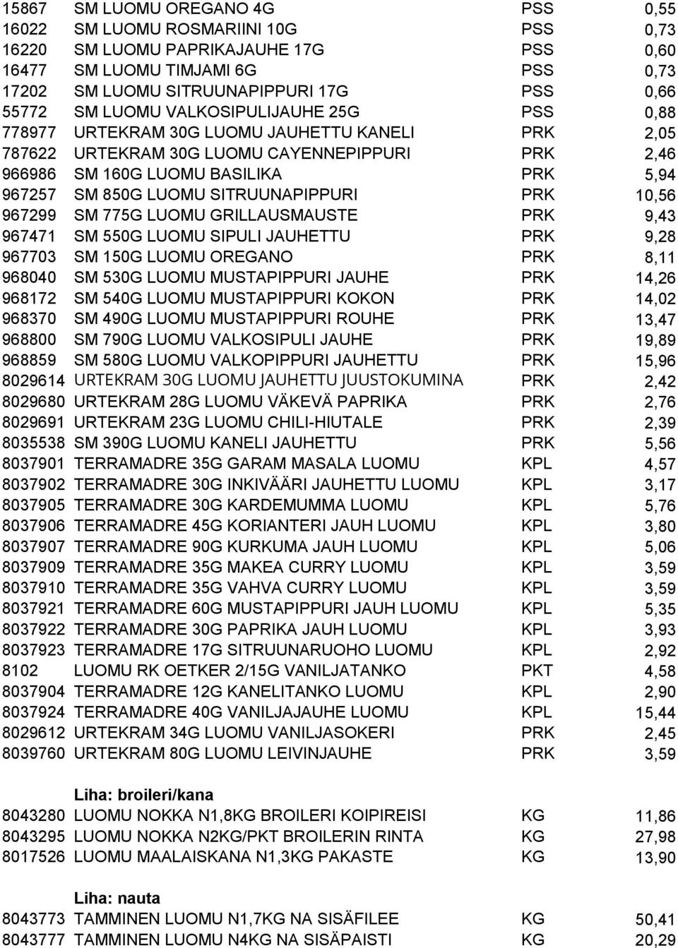 SITRUUNAPIPPURI PRK 10,56 967299 SM 775G LUOMU GRILLAUSMAUSTE PRK 9,43 967471 SM 550G LUOMU SIPULI JAUHETTU PRK 9,28 967703 SM 150G LUOMU OREGANO PRK 8,11 968040 SM 530G LUOMU MUSTAPIPPURI JAUHE PRK