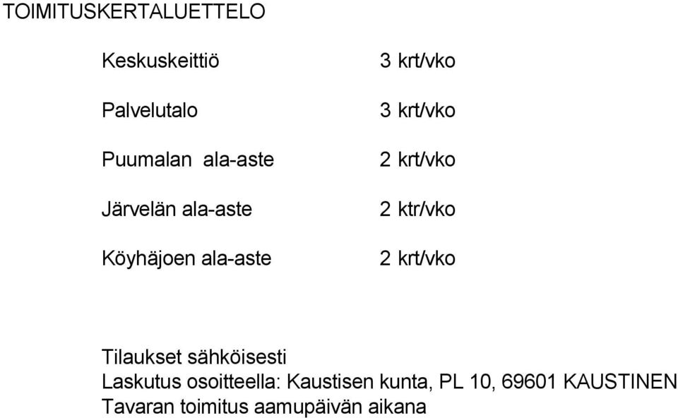 2 ktr/vko 2 krt/vko Tilaukset sähköisesti Laskutus osoitteella: