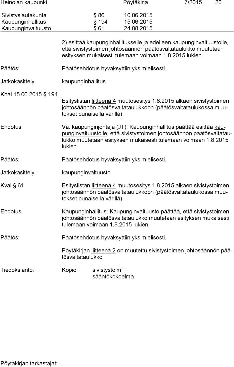 Jatkokäsittely: Khal 15.06.2015 194 Jatkokäsittely: Kval 61 kaupunginhallitus Esityslistan liitteenä 4 muutosesitys 1.8.