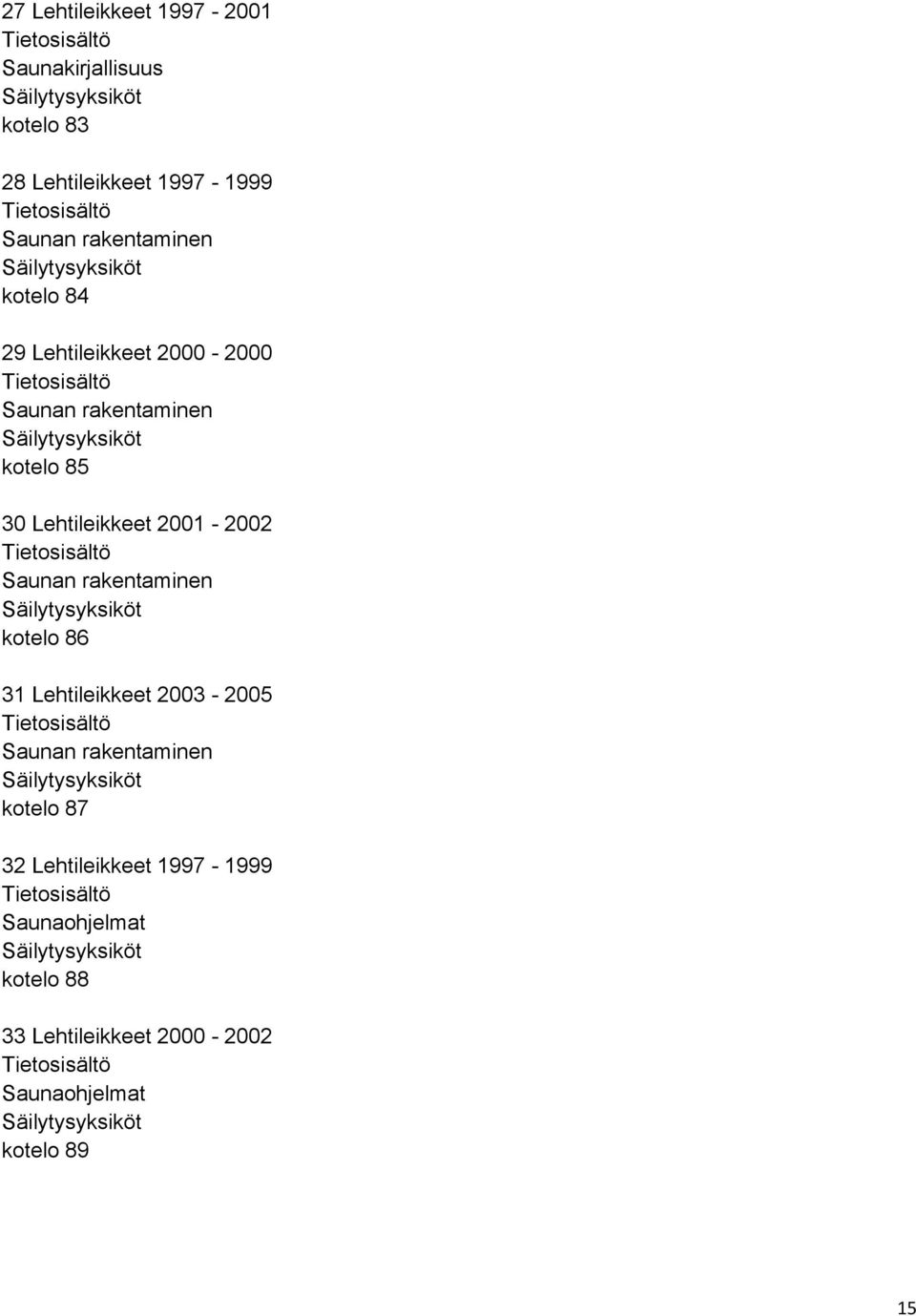 2001-2002 Saunan rakentaminen kotelo 86 31 Lehtileikkeet 2003-2005 Saunan rakentaminen kotelo 87