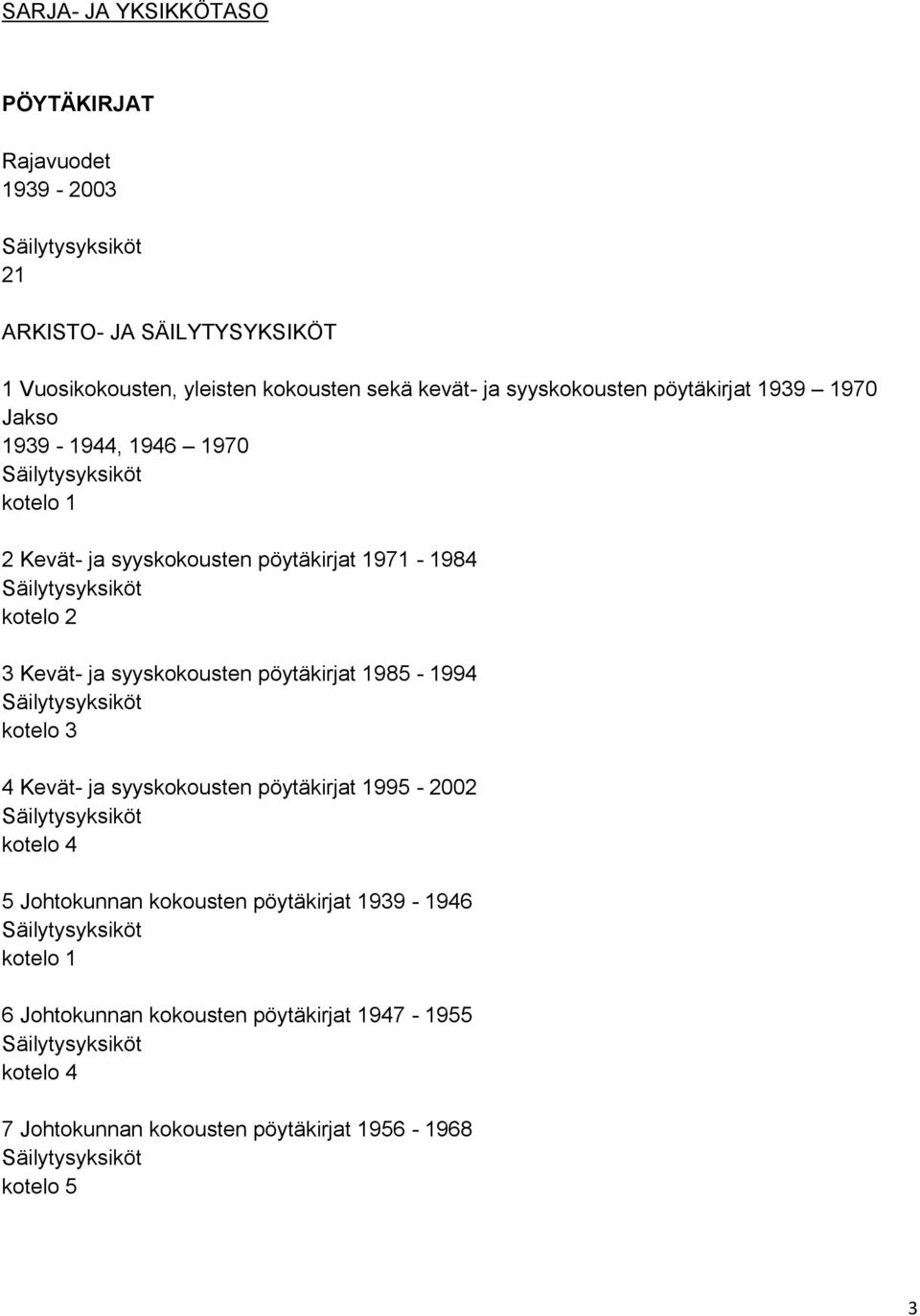 Kevät- ja syyskokousten pöytäkirjat 1985-1994 kotelo 3 4 Kevät- ja syyskokousten pöytäkirjat 1995-2002 kotelo 4 5 Johtokunnan kokousten