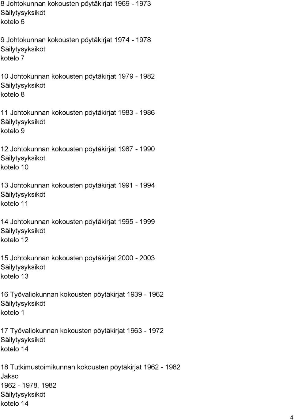 kotelo 11 14 Johtokunnan kokousten pöytäkirjat 1995-1999 kotelo 12 15 Johtokunnan kokousten pöytäkirjat 2000-2003 kotelo 13 16 Työvaliokunnan kokousten pöytäkirjat