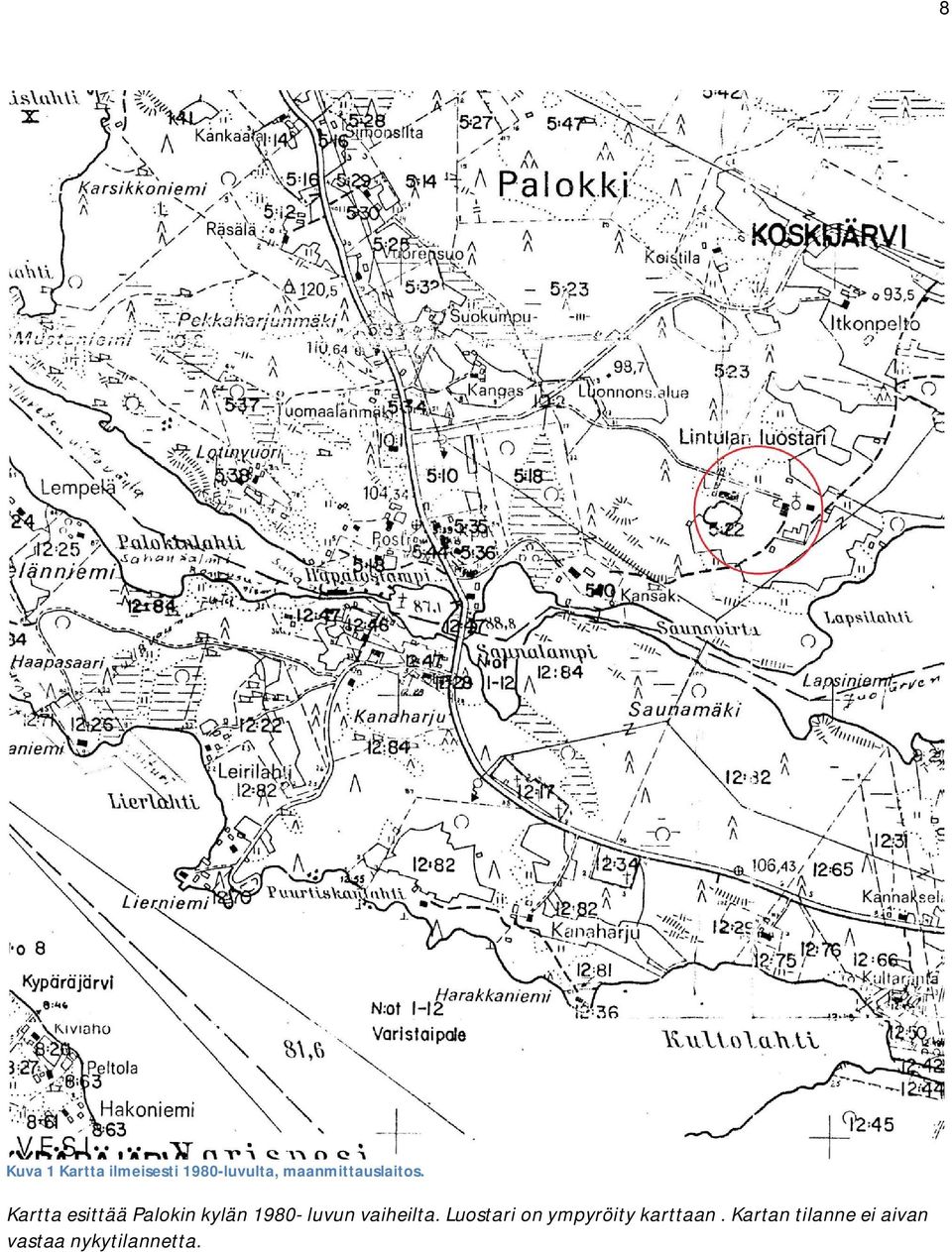 Kartta esittää Palokin kylän 1980- luvun