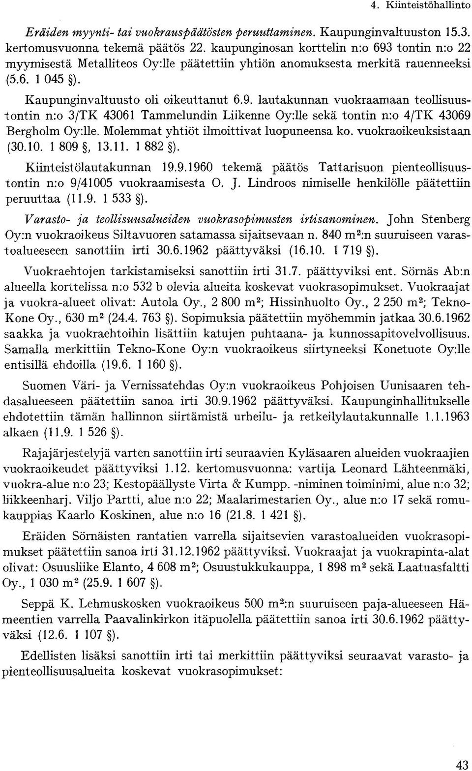 Molemmat yhtiöt ilmoittivat luopuneensa ko. vuokraoikeuksistaan (30.10. 1 809, 13.11. 1 882 ). Kiinteistölautakunnan 19.9.1960 tekemä päätös Tattarisuon pienteollisuustontin n:o 9/41005 vuokraamisesta O.