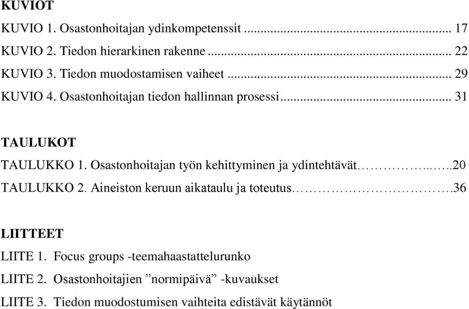 Osastonhoitajan työn kehittyminen ja ydintehtävät.....20 TAULUKKO 2. Aineiston keruun aikataulu ja toteutus.