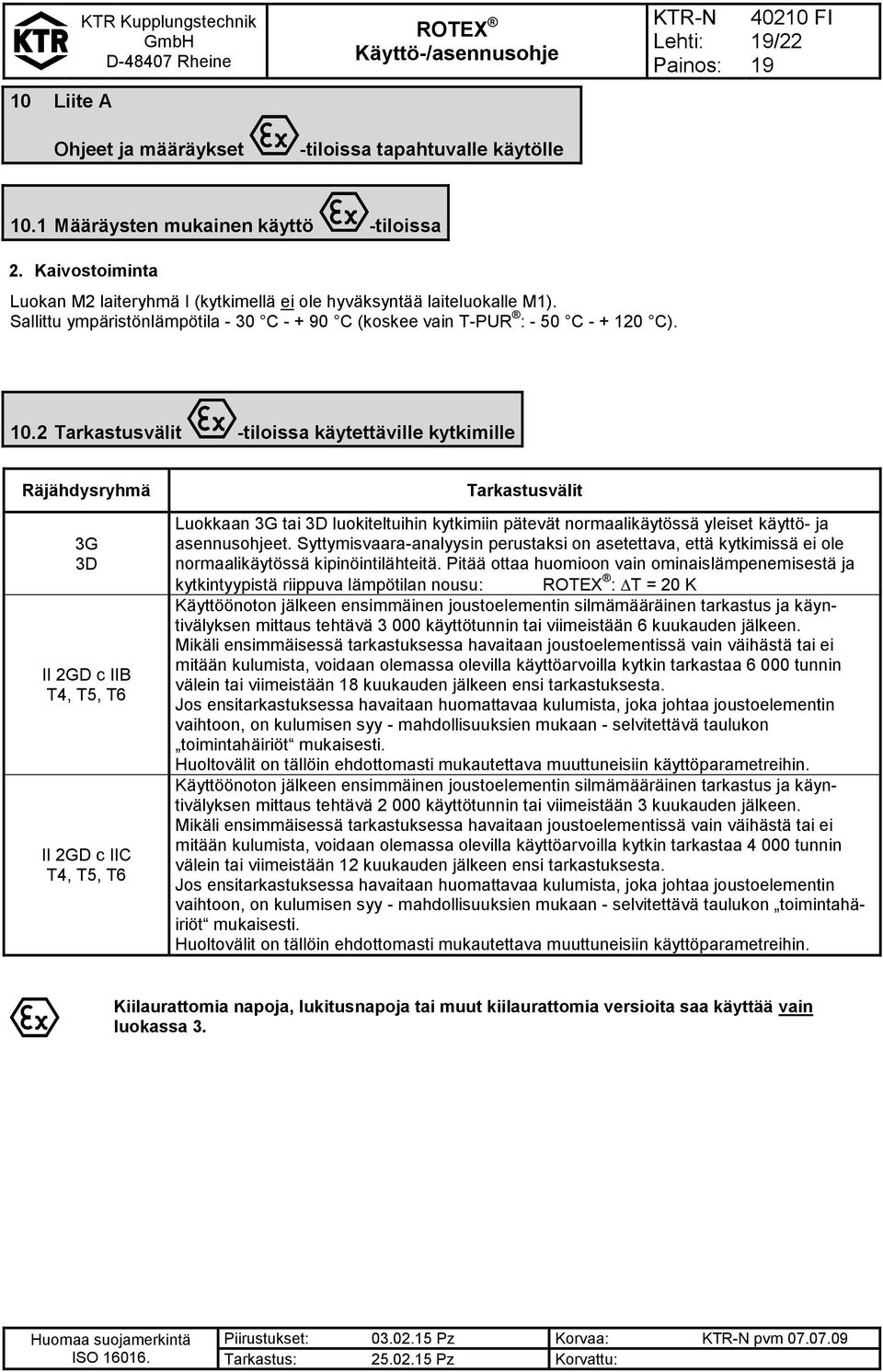 2 Tarkastusvälit -tiloissa käytettäville kytkimille Räjähdysryhmä 3G 3D II 2GD c IIB T4, T5, T6 II 2GD c IIC T4, T5, T6 Tarkastusvälit Luokkaan 3G tai 3D luokiteltuihin kytkimiin pätevät