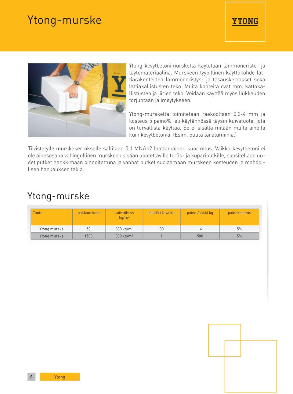 Ytong-mursketta toimitetaan raekooltaan 0,2-4 mm ja kosteus 5 paino%, eli käytännössä täysin kuivatuote, jota on turvallista käyttää. Se ei sisällä mitään muita aineita kuin kevytbetonia. (Esim.