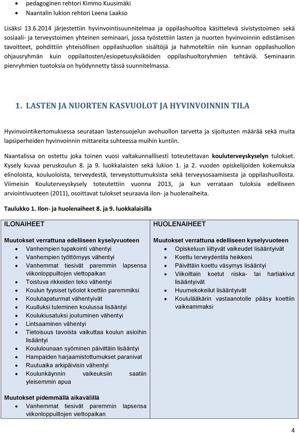 edistämisen tavoitteet, pohdittiin yhteisöllisen oppilashuollon sisältöjä ja hahmoteltiin niin kunnan oppilashuollon ohjausryhmän kuin oppilaitosten/esiopetusyksiköiden oppilashuoltoryhmien tehtäviä.