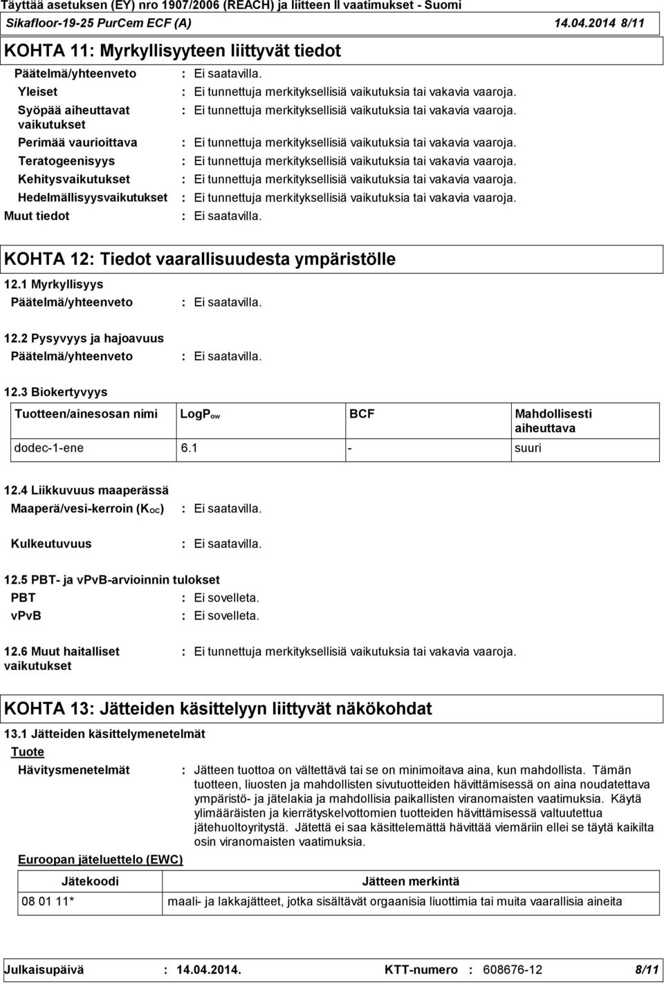 tiedot Ei tunnettuja merkityksellisiä vaikutuksia tai vakavia vaaroja. Ei tunnettuja merkityksellisiä vaikutuksia tai vakavia vaaroja. Ei tunnettuja merkityksellisiä vaikutuksia tai vakavia vaaroja. Ei tunnettuja merkityksellisiä vaikutuksia tai vakavia vaaroja. Ei tunnettuja merkityksellisiä vaikutuksia tai vakavia vaaroja. Ei tunnettuja merkityksellisiä vaikutuksia tai vakavia vaaroja. KOHTA 12 Tiedot vaarallisuudesta ympäristölle 12.