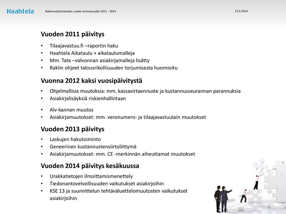 kassavirtaennuste ja kustannusseurannan parannuksia Asiakirjalisäyksiä riskienhallintaan Alv-kannan muutos Asiakirjamuutokset: mm.