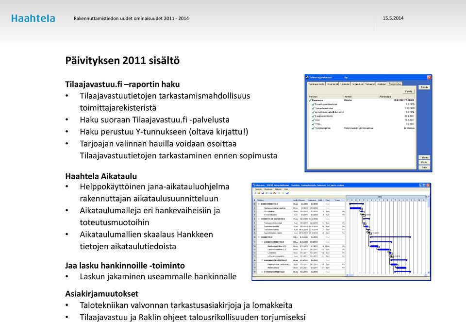 ) Tarjoajan valinnan hauilla voidaan osoittaa Tilaajavastuutietojen tarkastaminen ennen sopimusta Haahtela Aikataulu Helppokäyttöinen jana-aikatauluohjelma rakennuttajan