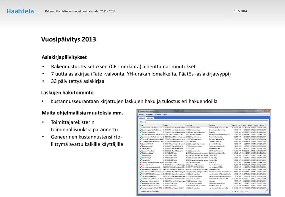 hakutoiminto Kustannusseurantaan kirjattujen laskujen haku ja tulostus eri hakuehdoilla Muita ohjelmallisia