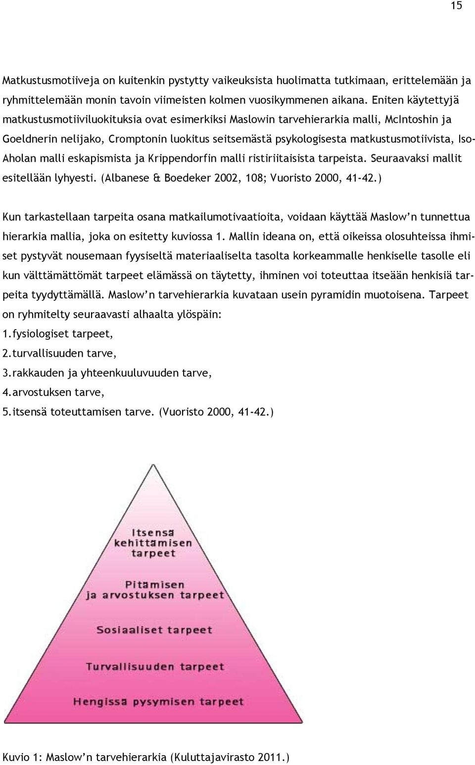 Iso- Aholan malli eskapismista ja Krippendorfin malli ristiriitaisista tarpeista. Seuraavaksi mallit esitellään lyhyesti. (Albanese & Boedeker 2002, 108; Vuoristo 2000, 41-42.