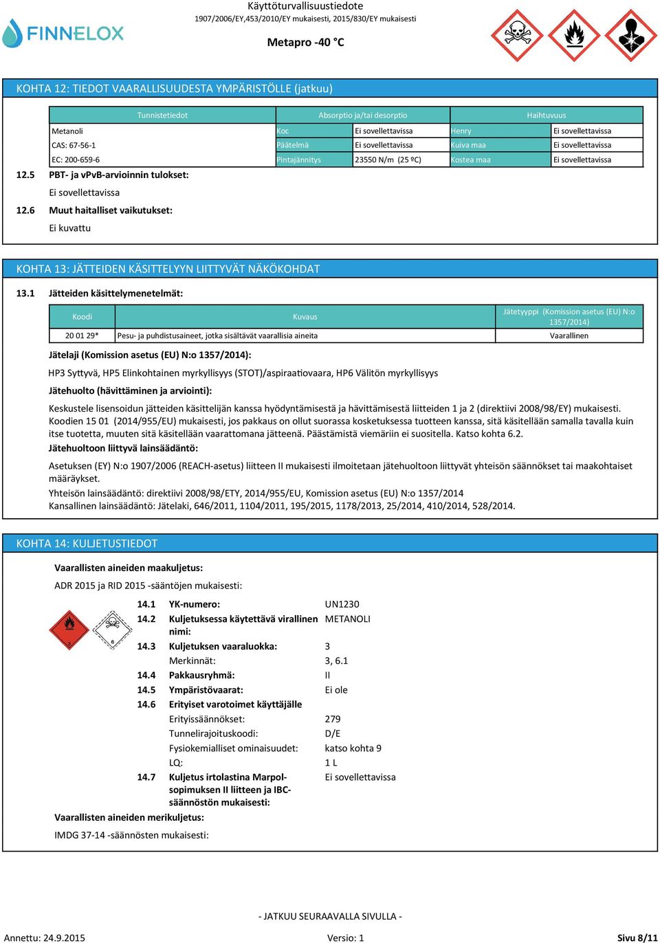 1 Jätteiden käsittelymenetelmät: Koodi 20 01 29* Kuvaus Pesu- ja puhdistusaineet, jotka sisältävät vaarallisia aineita Jätetyyppi (Komission asetus (EU) N:o 1357/2014) Vaarallinen Jätelaji (Komission