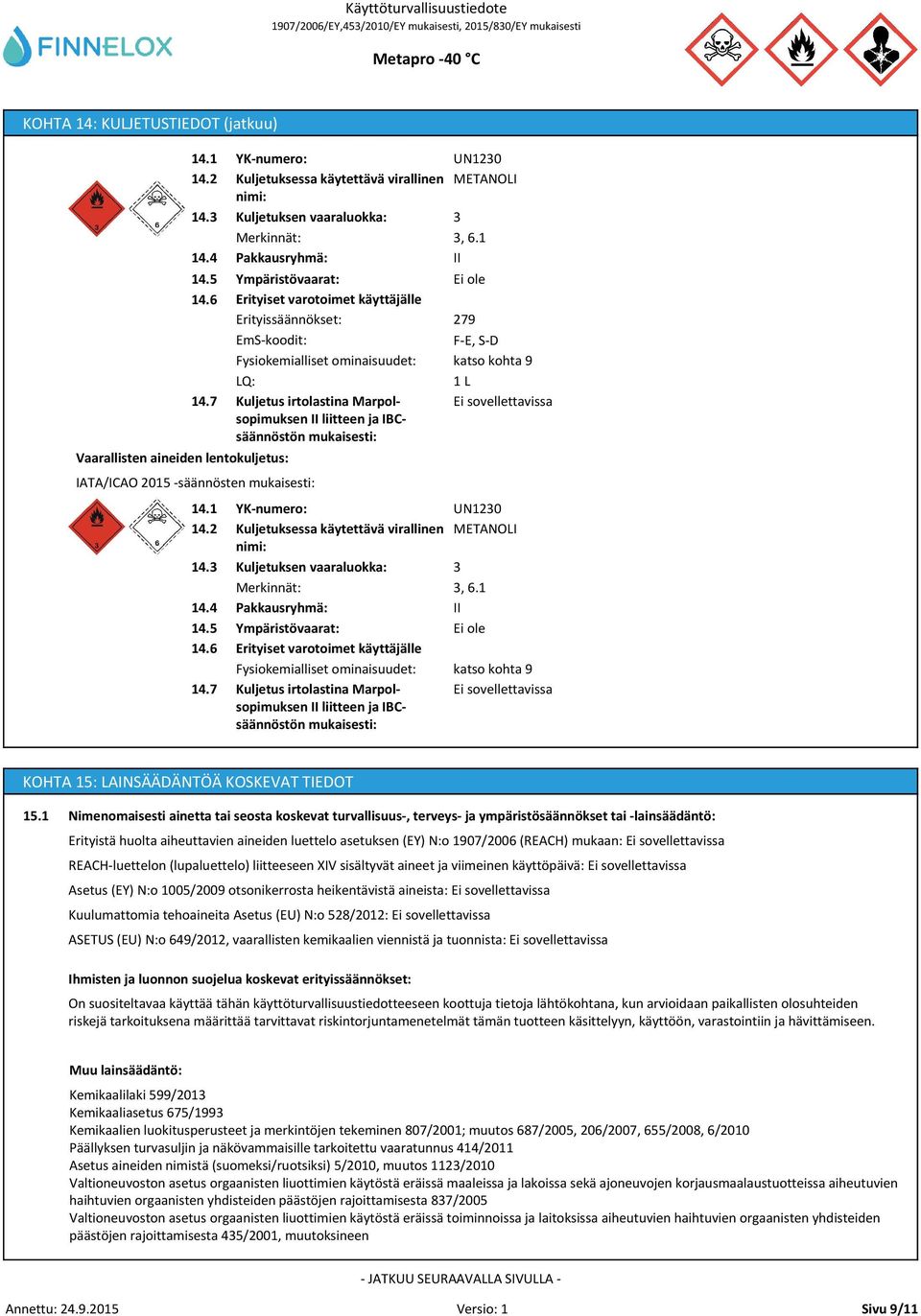 1 Pakkausryhmä: II Ympäristövaarat: Erityiset varotoimet käyttäjälle Erityissäännökset: EmS-koodit: Fysiokemialliset ominaisuudet: LQ: Kuljetus irtolastina Marpolsopimuksen II liitteen ja