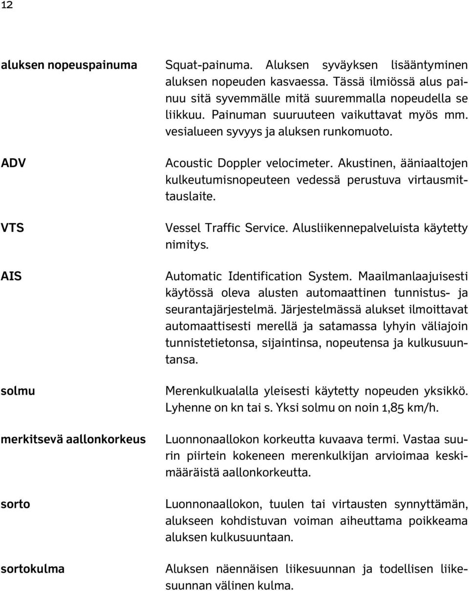 Akustinen, ääniaaltojen kulkeutumisnopeuteen vedessä perustuva virtausmittauslaite. Vessel Traffic Service. Alusliikennepalveluista käytetty nimitys. Automatic Identification System.