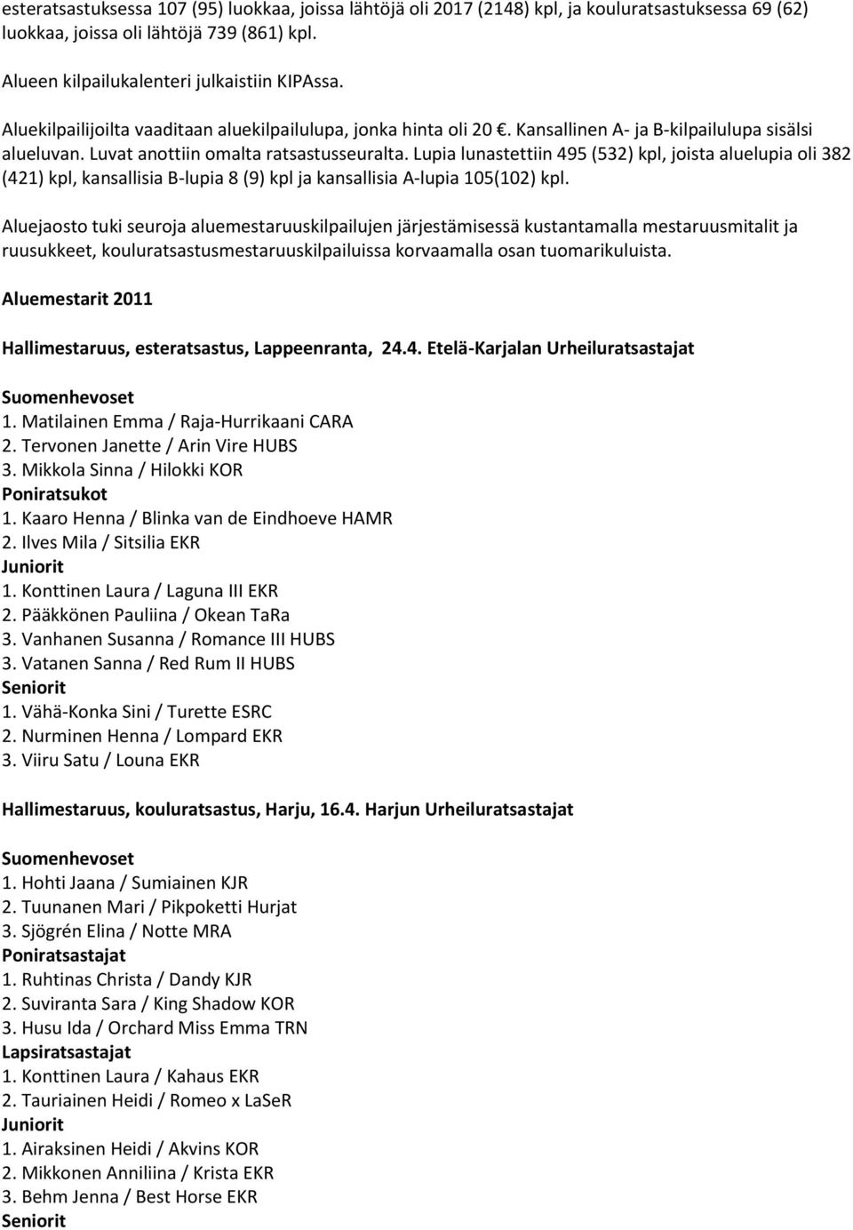 Lupia lunastettiin 495 (532) kpl, joista aluelupia oli 382 (421) kpl, kansallisia B-lupia 8 (9) kpl ja kansallisia A-lupia 105(102) kpl.