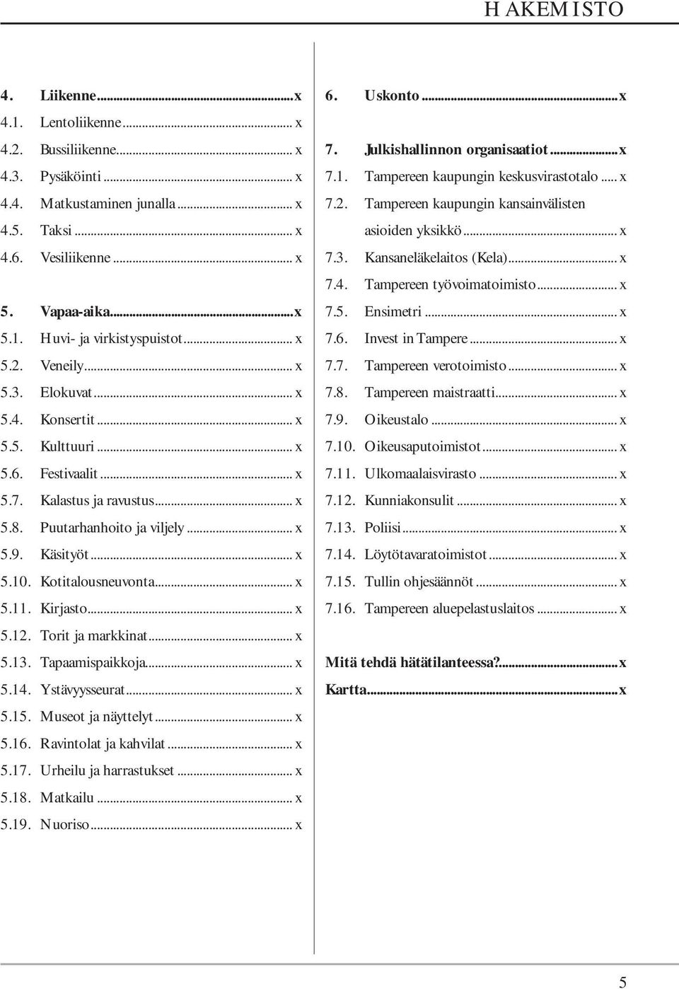 Kotitalousneuvonta... x 5.11. Kirjasto... x 5.12. Torit ja markkinat... x 5.13. Tapaamispaikkoja... x 5.14. Ystävyysseurat... x 5.15. Museot ja näyttelyt... x 5.16. Ravintolat ja kahvilat... x 5.17.