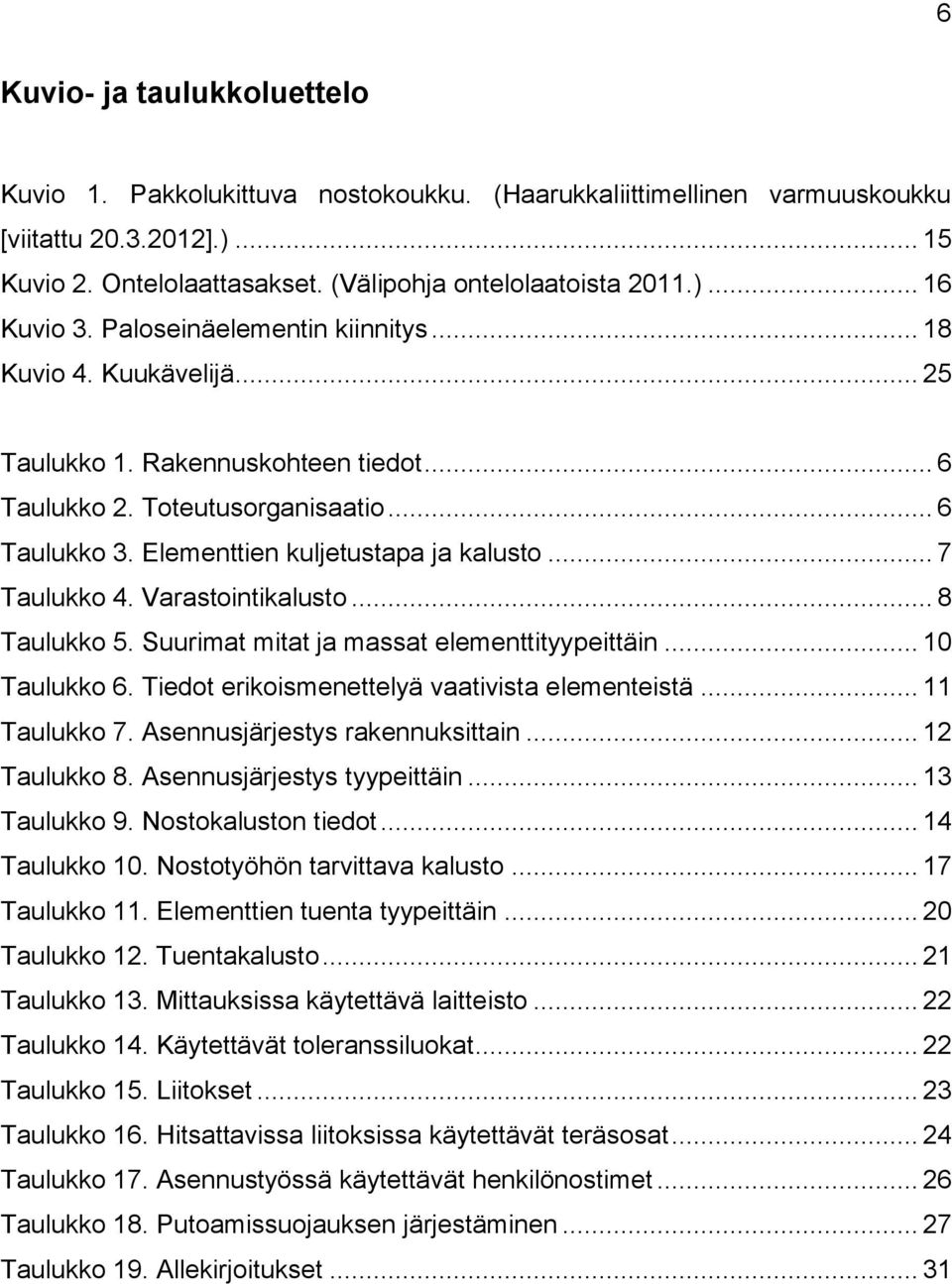 .. 7 Taulukko 4. Varastointikalusto... 8 Taulukko 5. Suurimat mitat ja massat elementtityypeittäin... 10 Taulukko 6. Tiedot erikoismenettelyä vaativista elementeistä... 11 Taulukko 7.