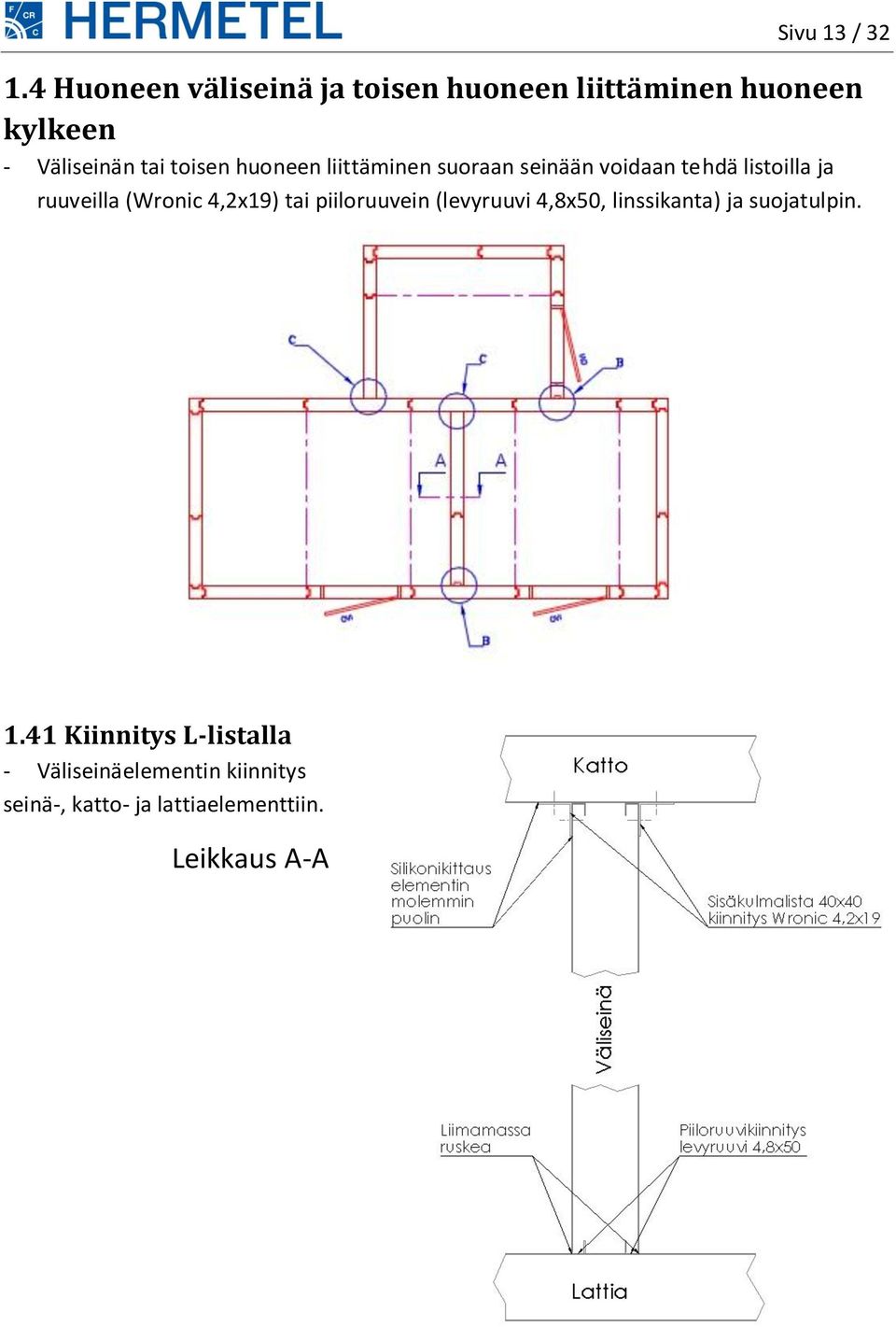 huoneen liittäminen suoraan seinään voidaan tehdä listoilla ja ruuveilla (Wronic 4,2x19)