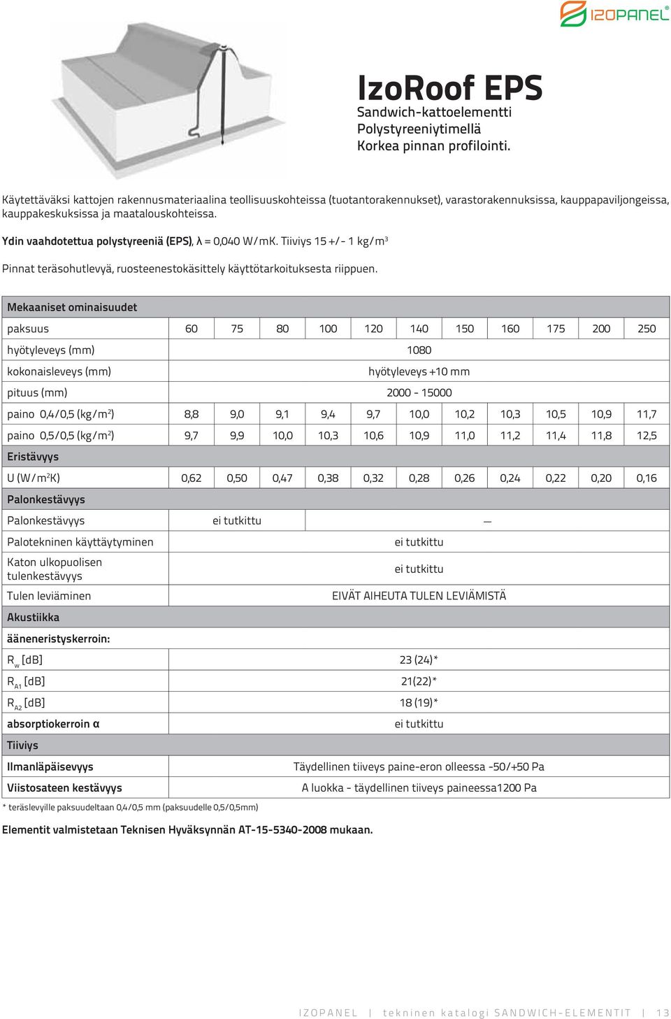 Ydin vaahdotettua polystyreeniä (EPS), = 0,040 W/mK. Tiiviys 15 +/- 1 kg/m 3 Pinnat teräsohutlevyä, ruosteenestokäsittely käyttötarkoituksesta riippuen.