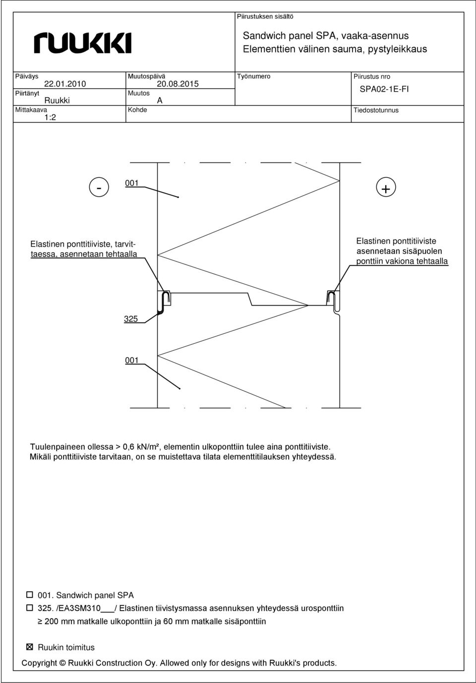 ponttitiiviste. Mikäli ponttitiiviste tarvitaan, on se muistettava tilata elementtitilauksen yhteydessä.. Sandwich panel SP 325.