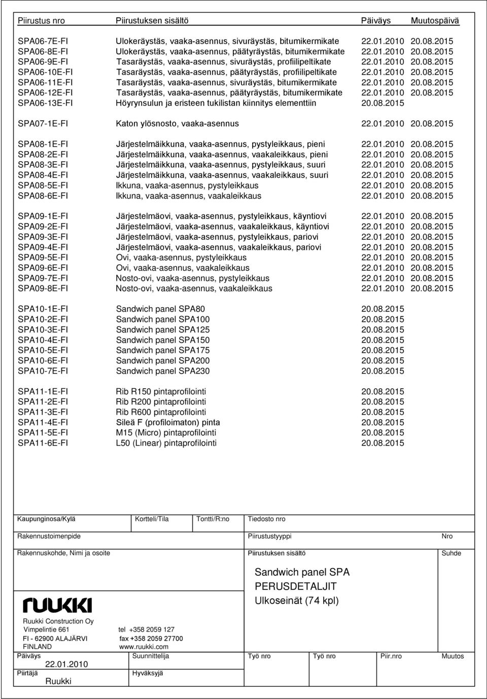 vaaka-asennus, päätyräystäs, bitumikermikate SP06-13E-FI Höyrynsulun ja eristeen tukilistan kiinnitys elementtiin SP07-1E-FI Katon ylösnosto, vaaka-asennus SP08-1E-FI Järjestelmäikkuna,