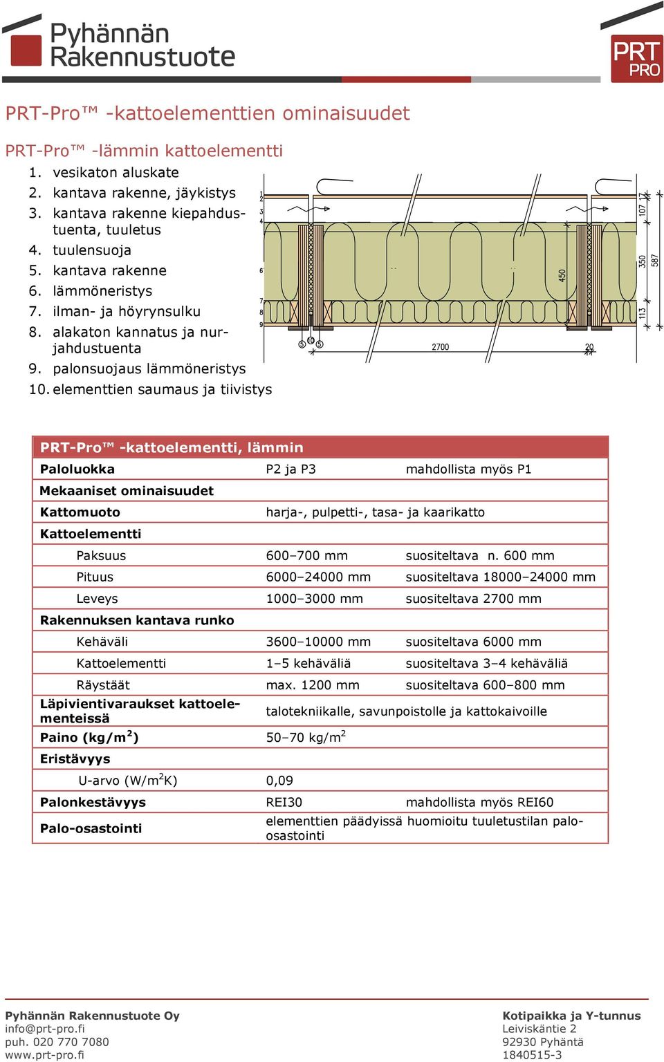 elementtien saumaus ja tiivistys PRT-Pro -kattoelementti, lämmin Paloluokka P2 ja P3 mahdollista myös P1 Mekaaniset ominaisuudet Kattomuoto Kattoelementti harja-, pulpetti-, tasa- ja kaarikatto